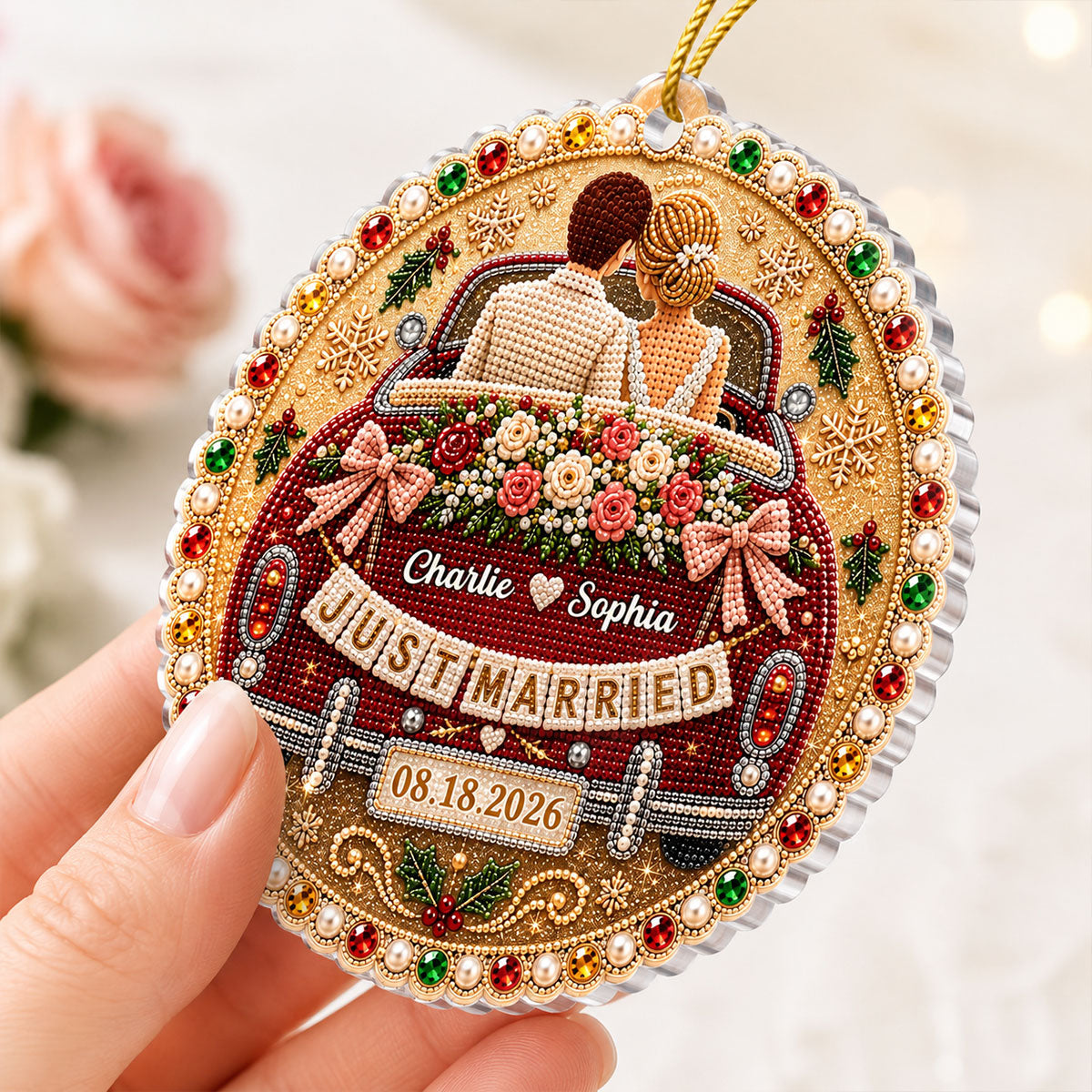 Just Married Wedding Car - Personalized Acrylic Ornament - Christmas Gift For Couple