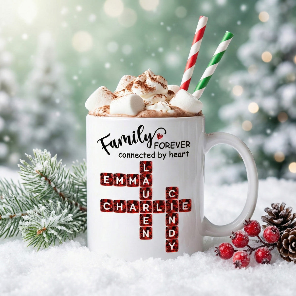 Family Forever Connected by Heart 3D Crystal Crossword - Personalized Mug - Sentimental Gift for for Loved Ones