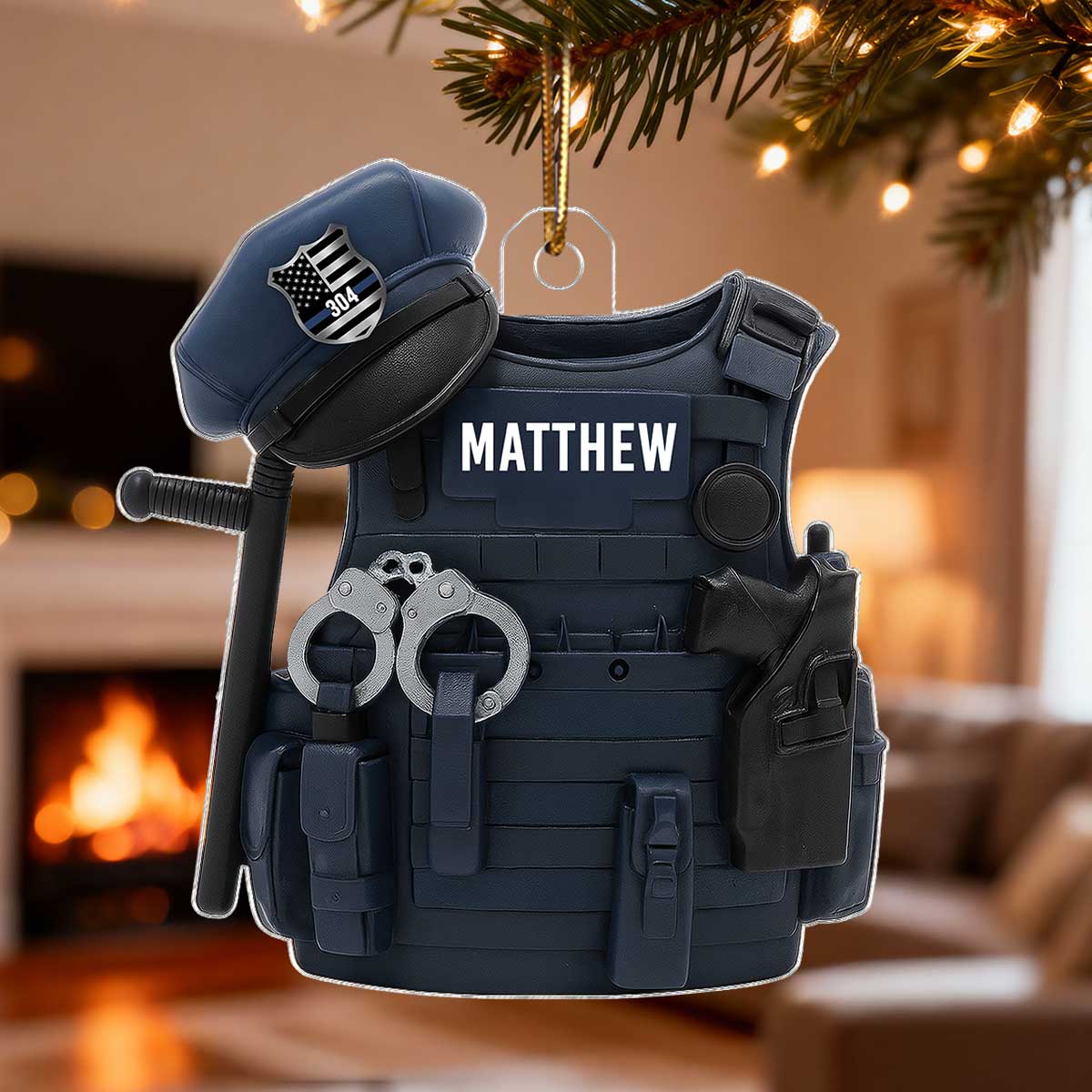 3D Effect Police Bulletproof Vest & Hat - Personalized Acrylic Ornament - Christmas Gift For Police