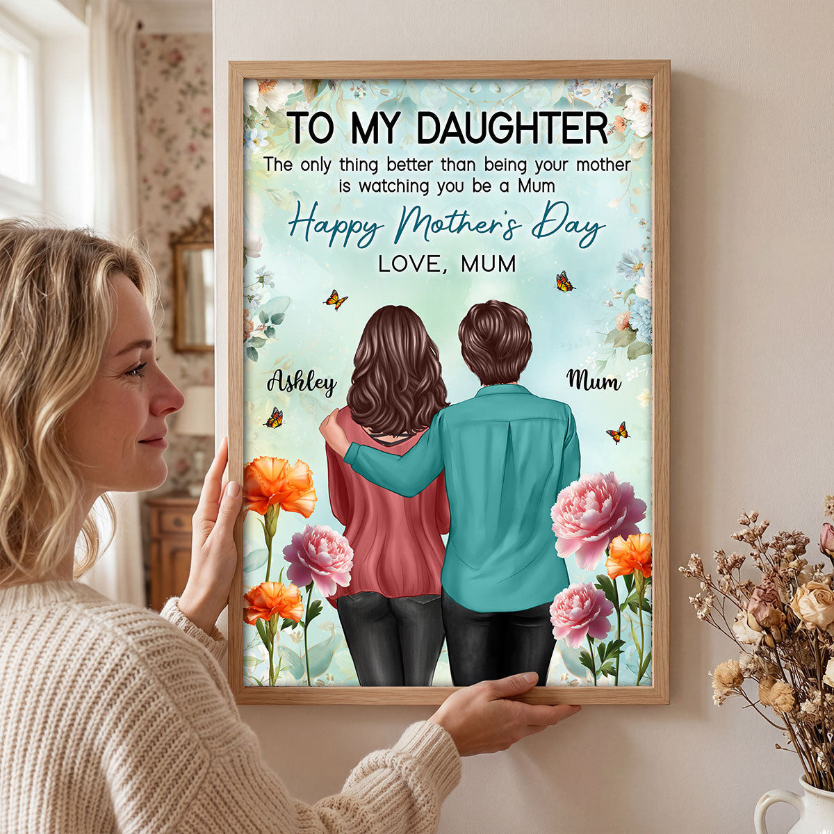 To My Daughter From Mum Birth Month Flower Happy Mother's Day Floral Green Tone - Personalised Poster - UK Mother's Day