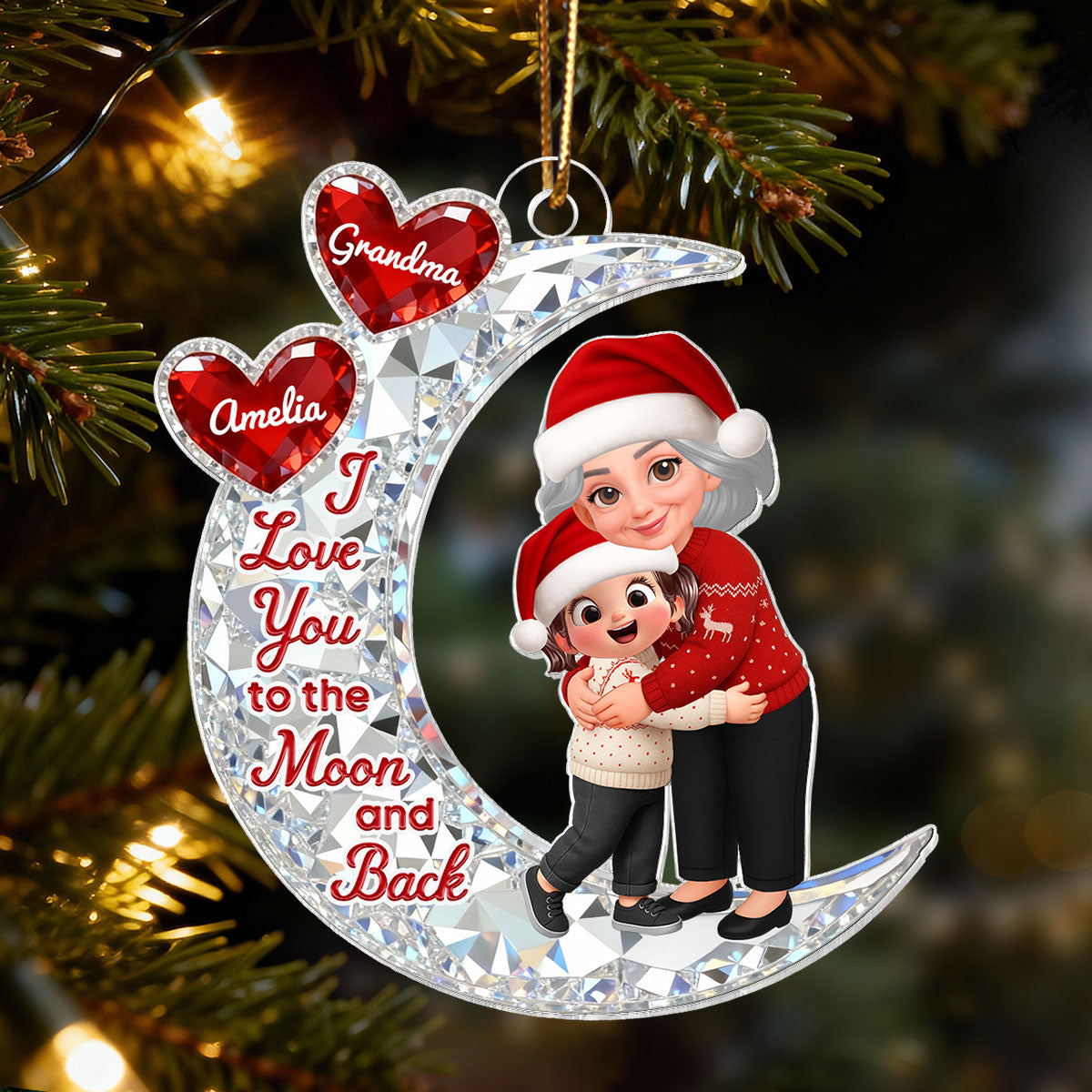 3D Effect Flat Grandma Hugging Grandkid On Moon - Personalized Acrylic Ornament - Gift For Grandma, Grandkids