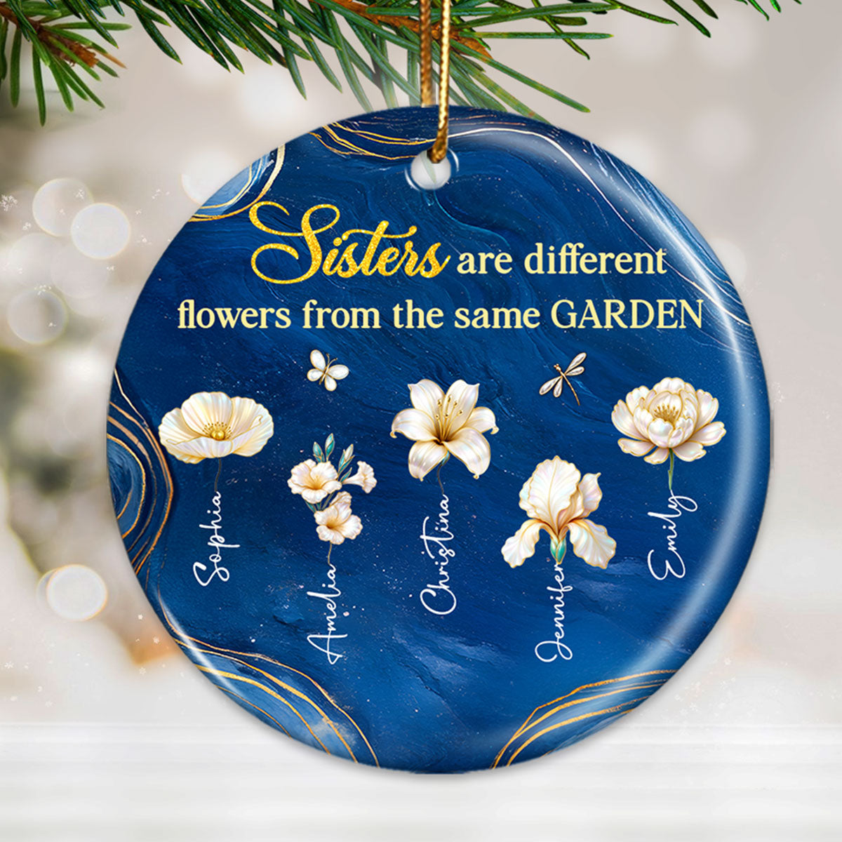 3D Effect Birth Flowers Sisters From The Same Garden - Personalized Ceramic Ornament - Christmas Gift For Sisters