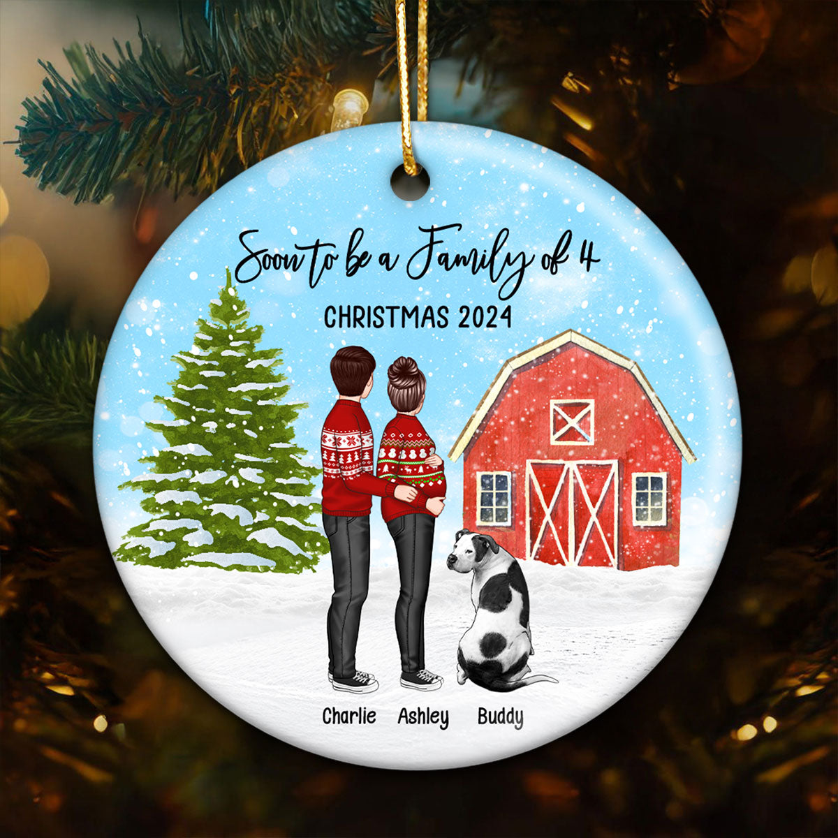 Family Pregnancy Christmas Ornament, Expecting Pregnancy announcement, Red Barn, Personalized Circle Ceramic Ornament