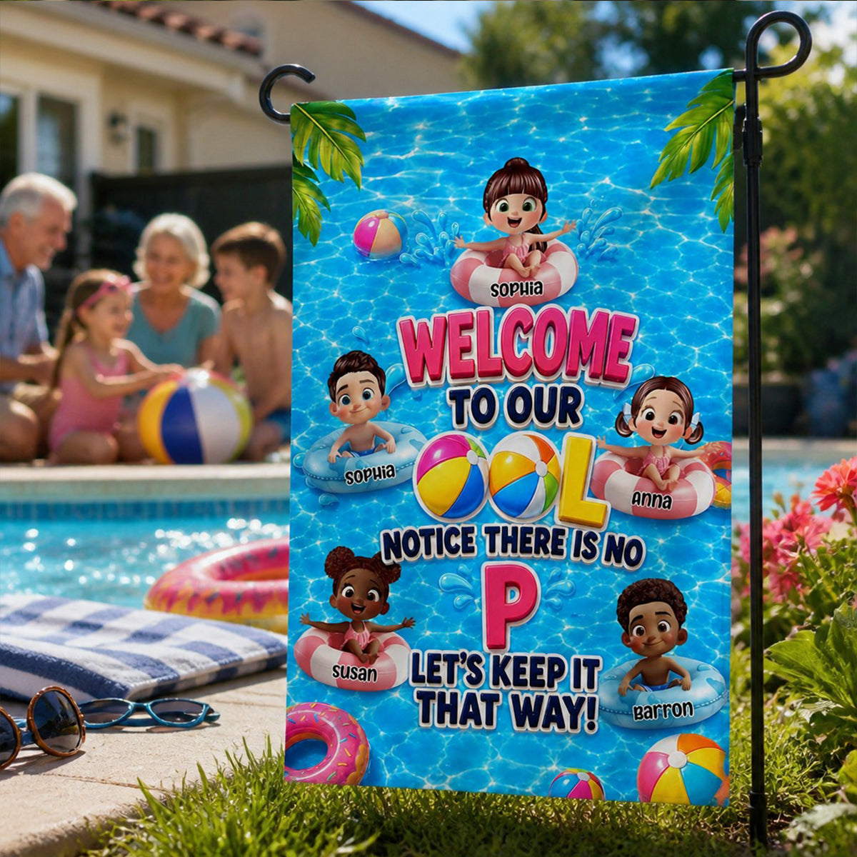 Notice There Is No "P" In The Pool - Personalized Garden Flag - Gift For Kids, Grandparents, Summer Decorations