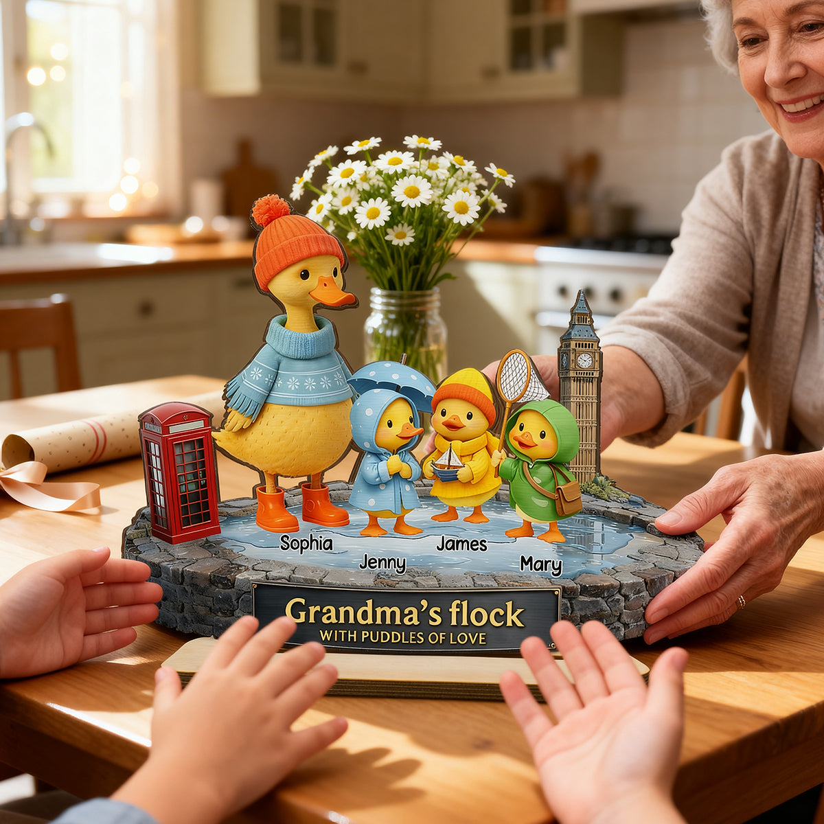 Nanny's Flock with Puddles of Love - Personalised 2-Layered Wooden Plaque - Heartfelt Mother's Day Gift for Nanny, Grandmother, Grandma