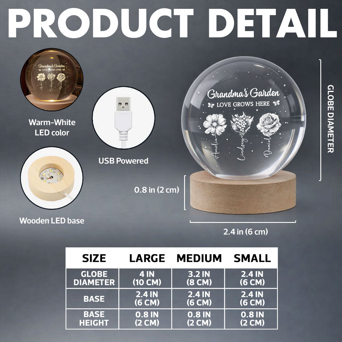 Grandma's Garden Custom Birth Month Flower - Personalized Crystal Ball LED Night Light - Sentimental Gift for Grandma