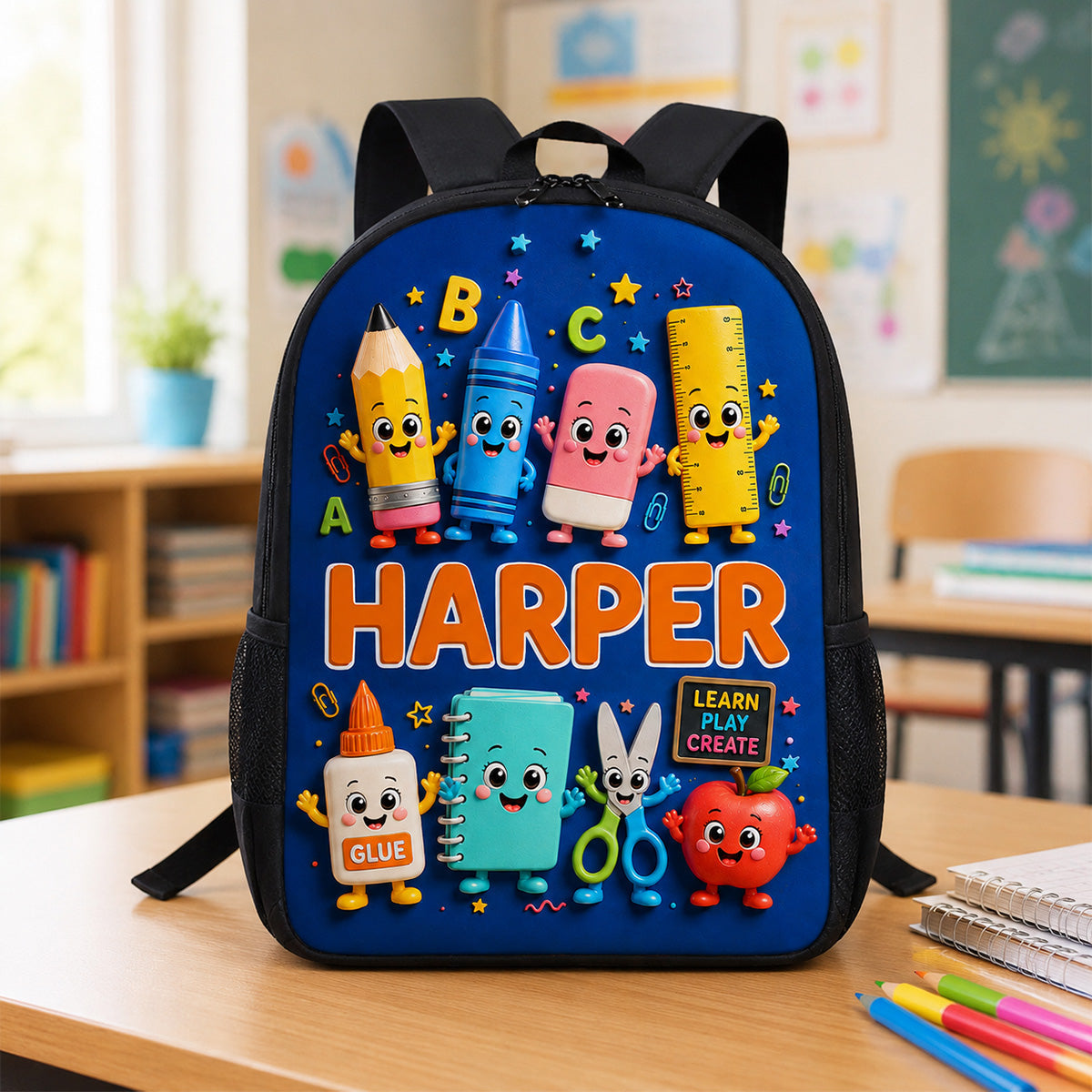 Playful School Things With Kid Name 2D Flat - Personalized Backpack - Back To School Gift