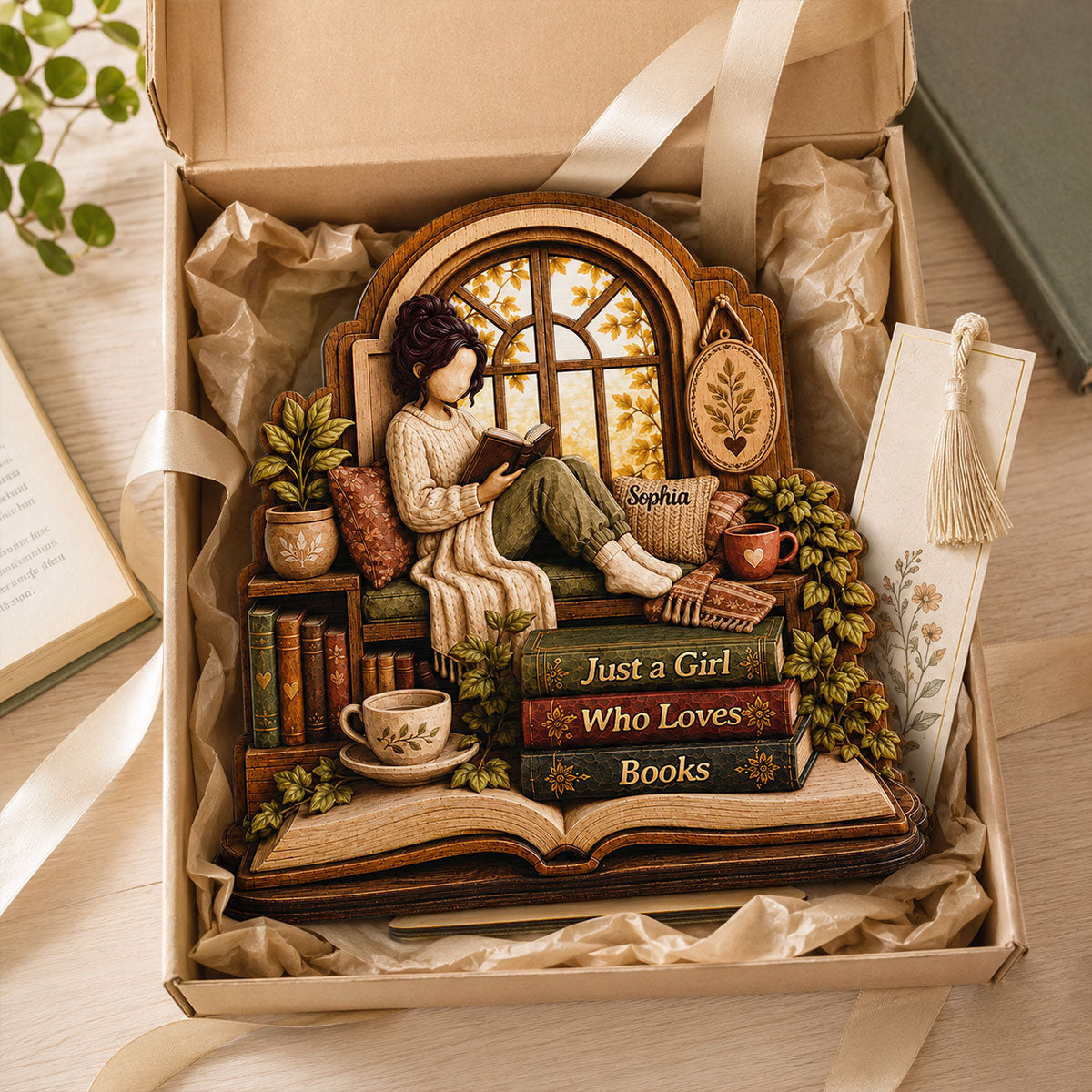Book Lover's Corner 2D Flat - Personalized 2-Layered Wooden Plaque - Gift For Book Lover, Bookworm