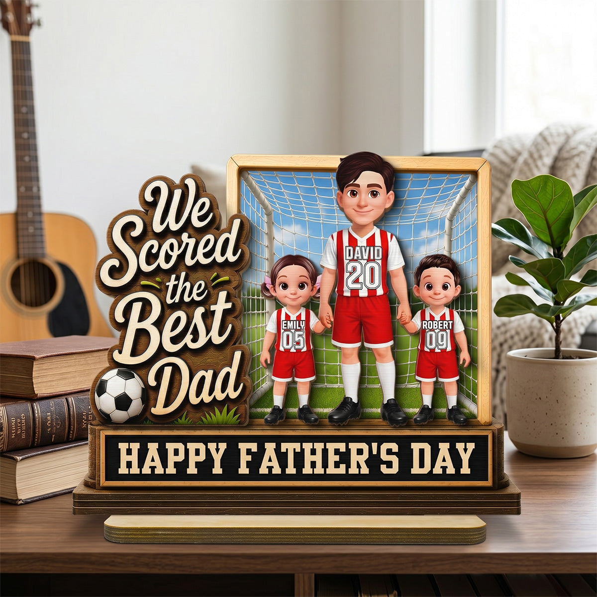 We Scored The Best Dad Dad & Kids In Goal 2D Flat - Personalized 2-Layered Wooden Plaque -  Gift For Soccer Dad, UK Football Dad