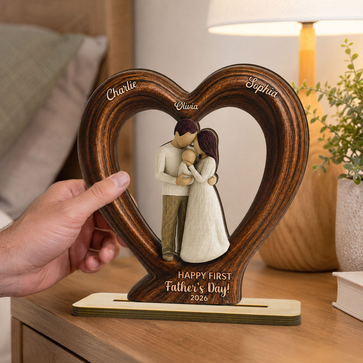 Happy First  Dad From Mom And Baby 2D Flat Heart - Personalized 2-Layered Wooden Plaque - Heartfelt  Gift For Husband, New Dad