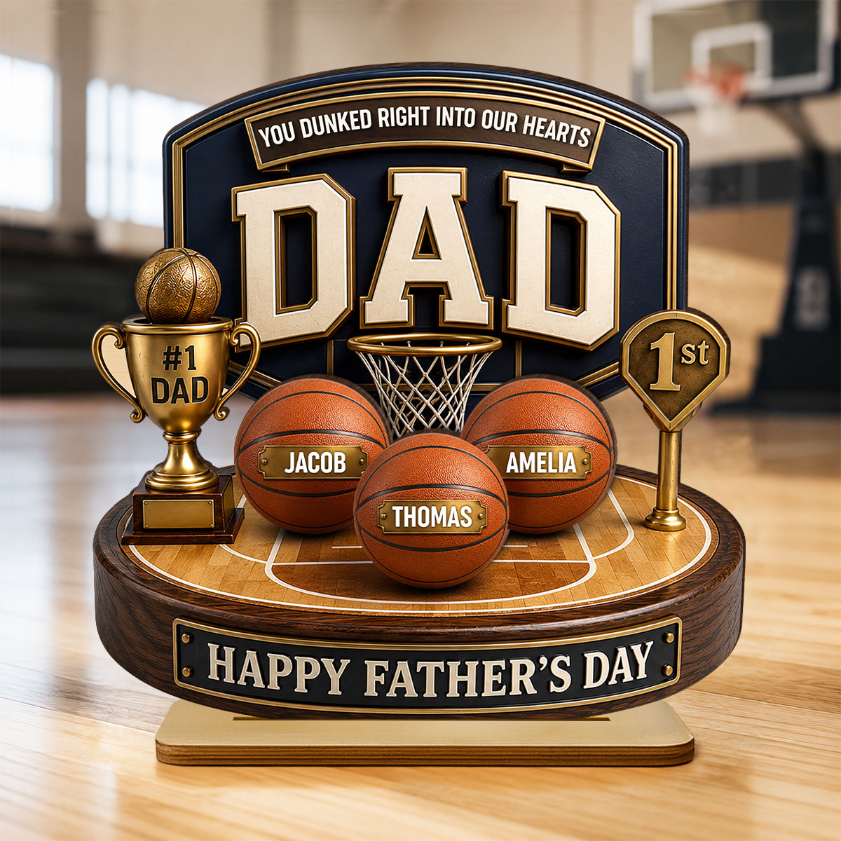 Basketball Trophy You Dunked Right Into Our Hearts - Personalized 2-Layered Wooden Plaque -  Gift For Dad, Husband