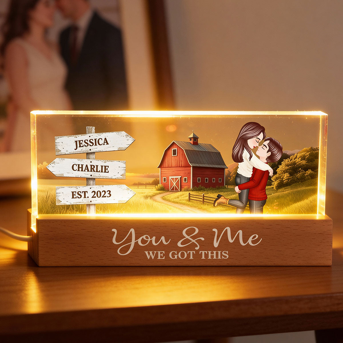 Rustic Nostalgia Red Barn House Sign Posts Couple Hugging Kissing Farmhouse Decor - Personalized Acrylic Block Plaque LED Night Light - Heartfelt Valentine, Anniversary Gift For Him, For Her