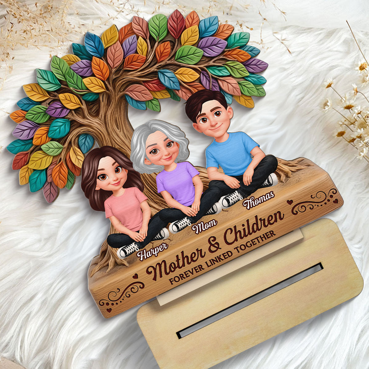 Mom And Son Daughter Under Colorful Tree Of Life - Personalized 2-Layered Wooden Plaque - Gift For Mom