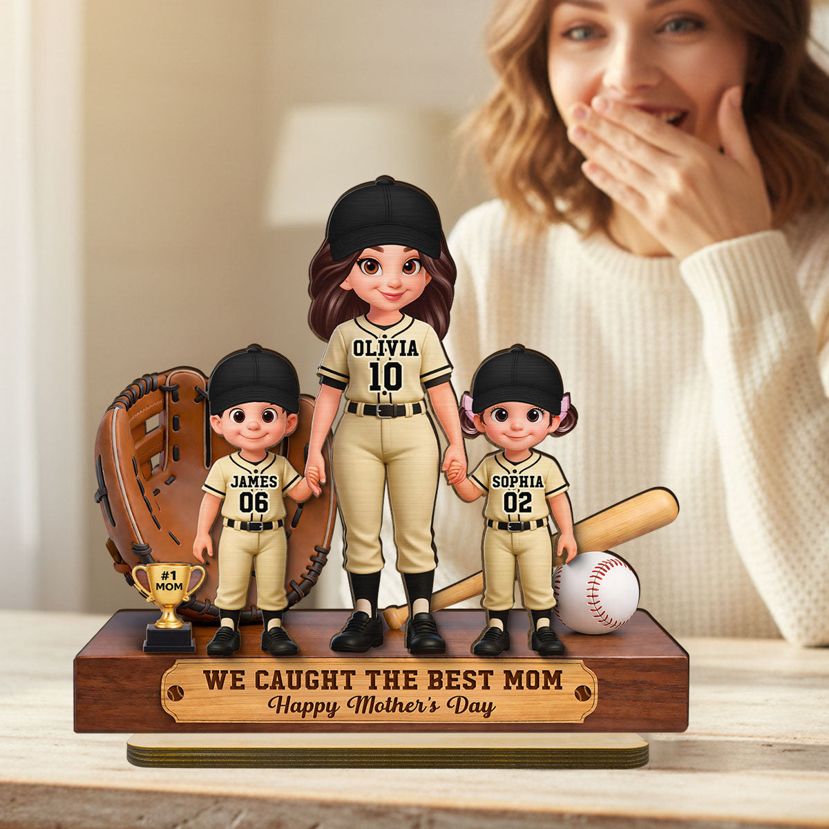 Baseball Mom And Kids We Caught The Best Mom - Personalized 2-Layered Wooden Plaque - Mother's Day Gift For Baseball Mom