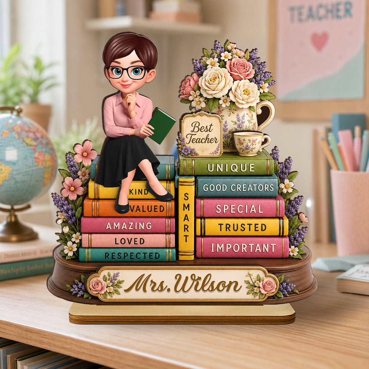 Floral Books Teacher - Personalized 2-Layered Wooden Plaque - Back To School Gift For Teachers Appreciation, Teacher Desk Name