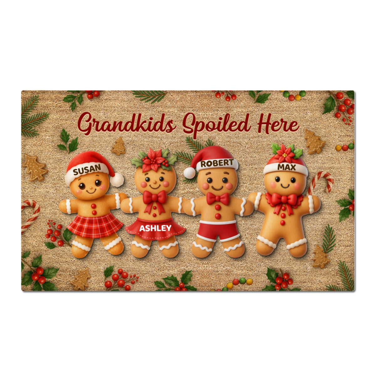 Gingerbread Grandparents and Grandkids - Personalized Doormat - Christmas Gift for Family