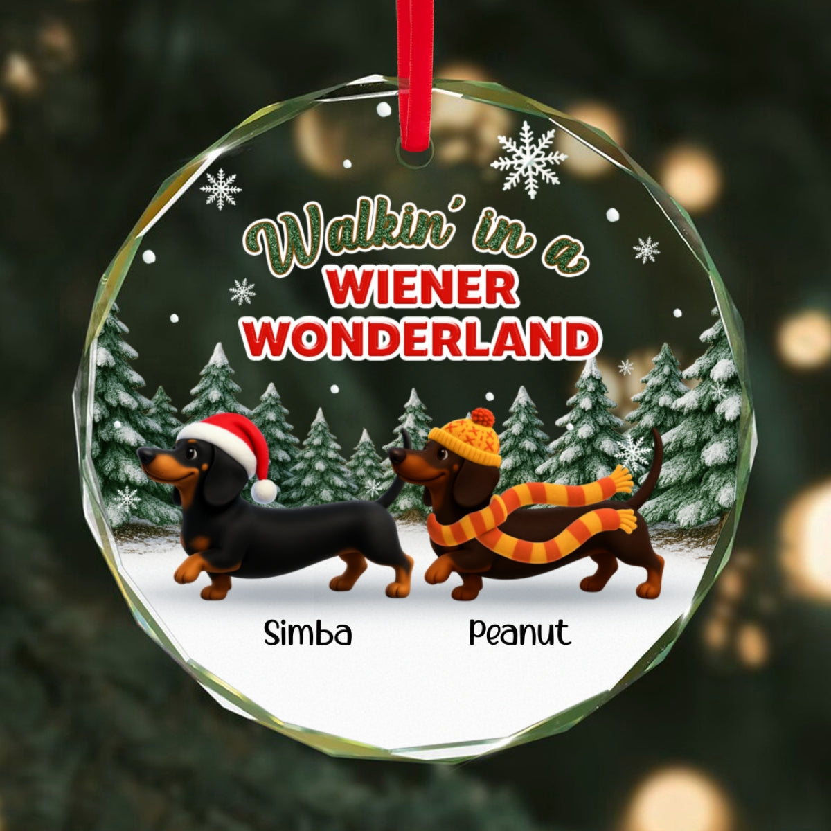 Christmas Dachshunds Walking In A Wiener Wonderland - Personalized Glass Ornament