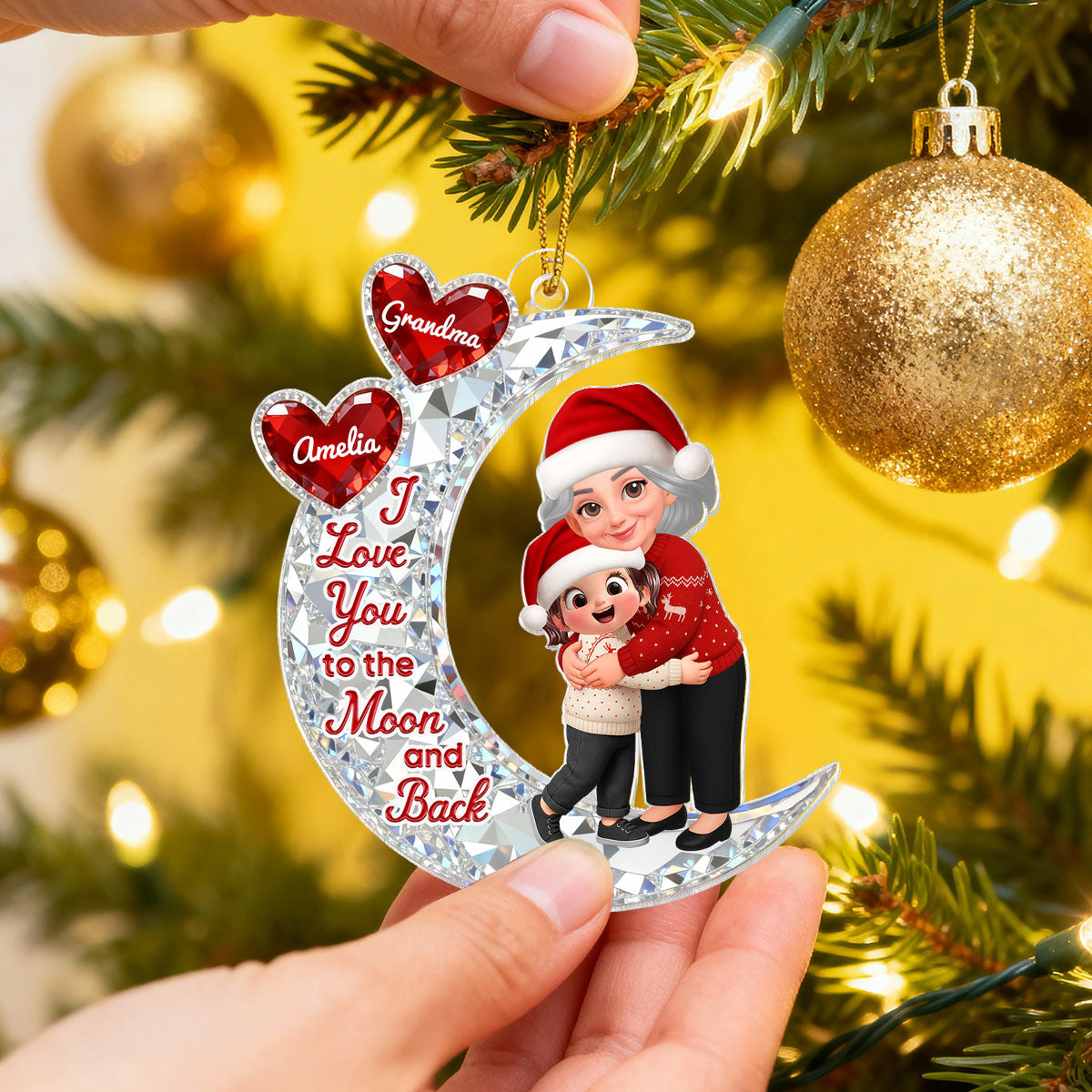 3D Effect Flat Grandma Hugging Grandkid On Moon - Personalized Acrylic Ornament - Gift For Grandma, Grandkids