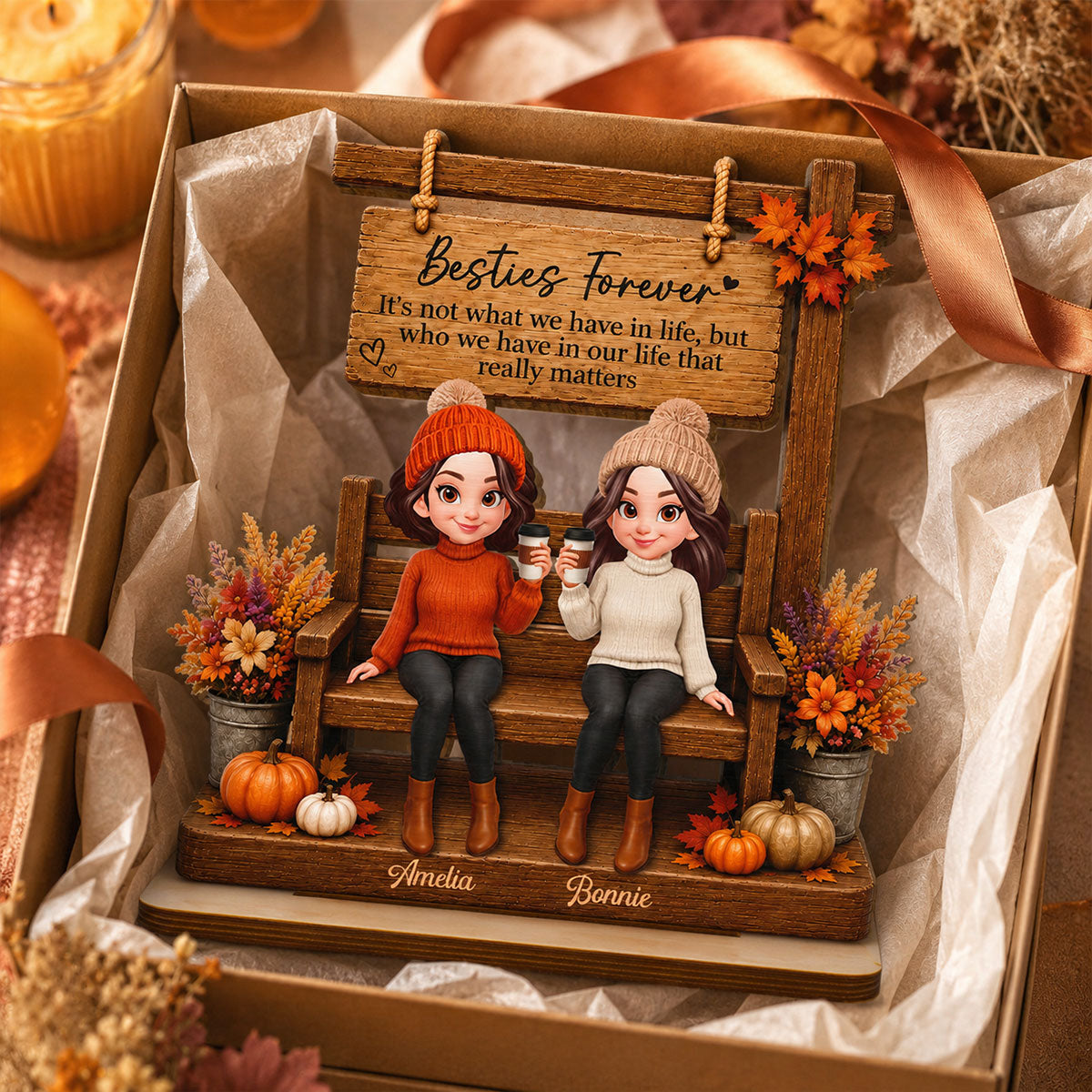 Fall Season Besties Under Sign Post 2D Flat - Personalized Wooden Plaque