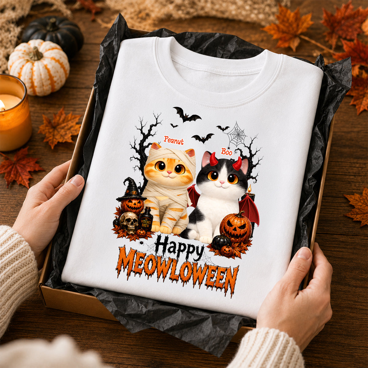 Happy Meowloween - Personalized Shirt - Trendy Halloween Tee for Cat Moms, Cat Lovers