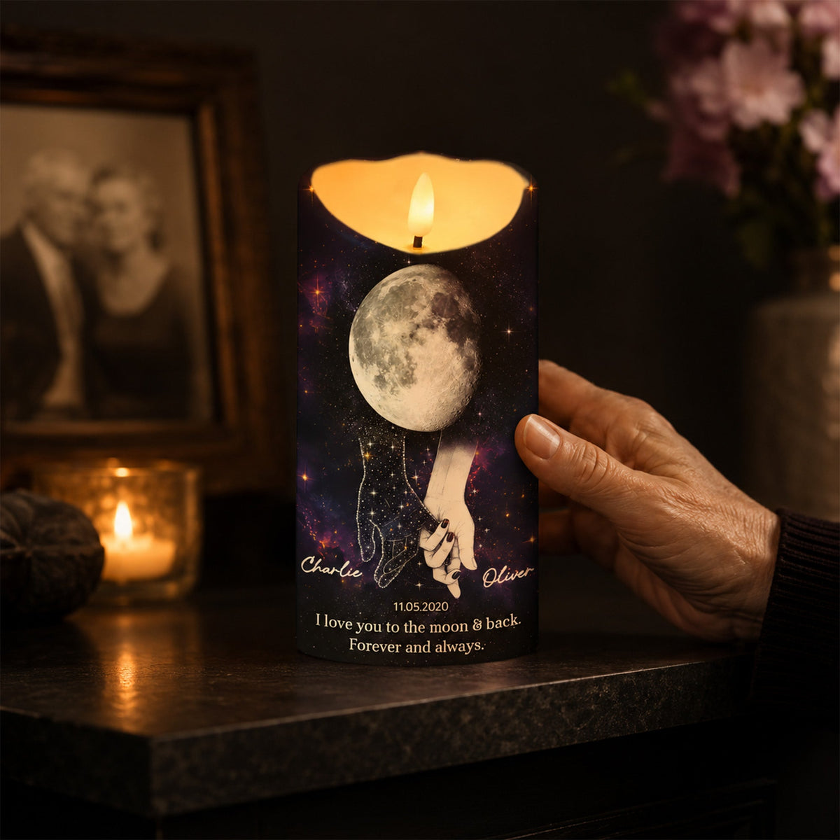 Lost Loved One Holding Hands Moon Phase - Personalized LED Candle - Memorial Gift, Remembrance Keepsake