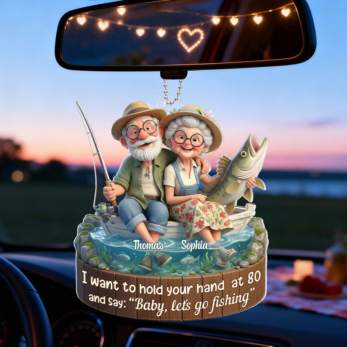 Baby Let's Go Fishing Old Couple - Personalized Acrylic Car Hanger - Sentimental Gift for him, for her