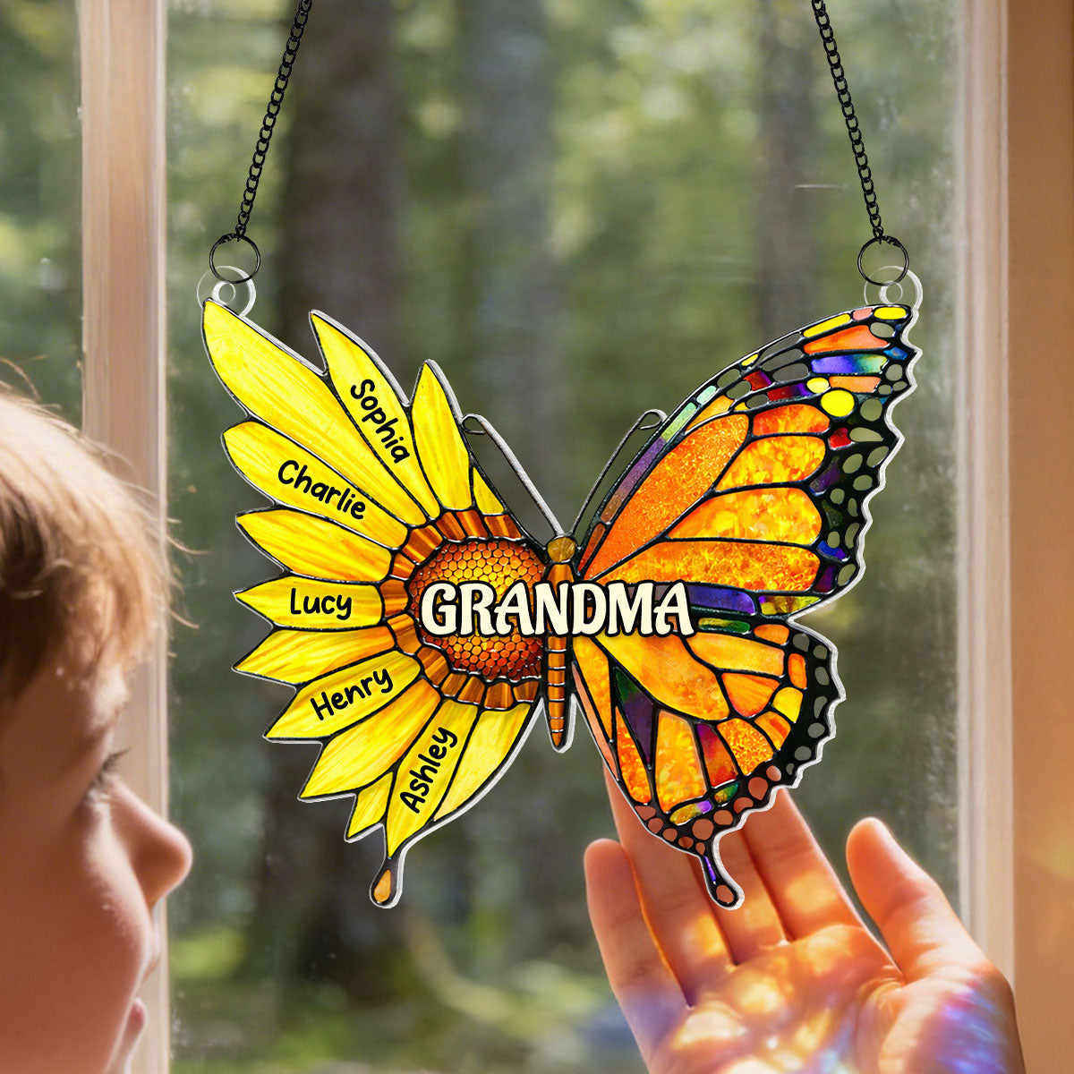 Grandma Sunflower Butterfly Custom Kids Names - Personalized Suncatcher Ornament - Mother's Day Gift For Grandma, Mom, Wife