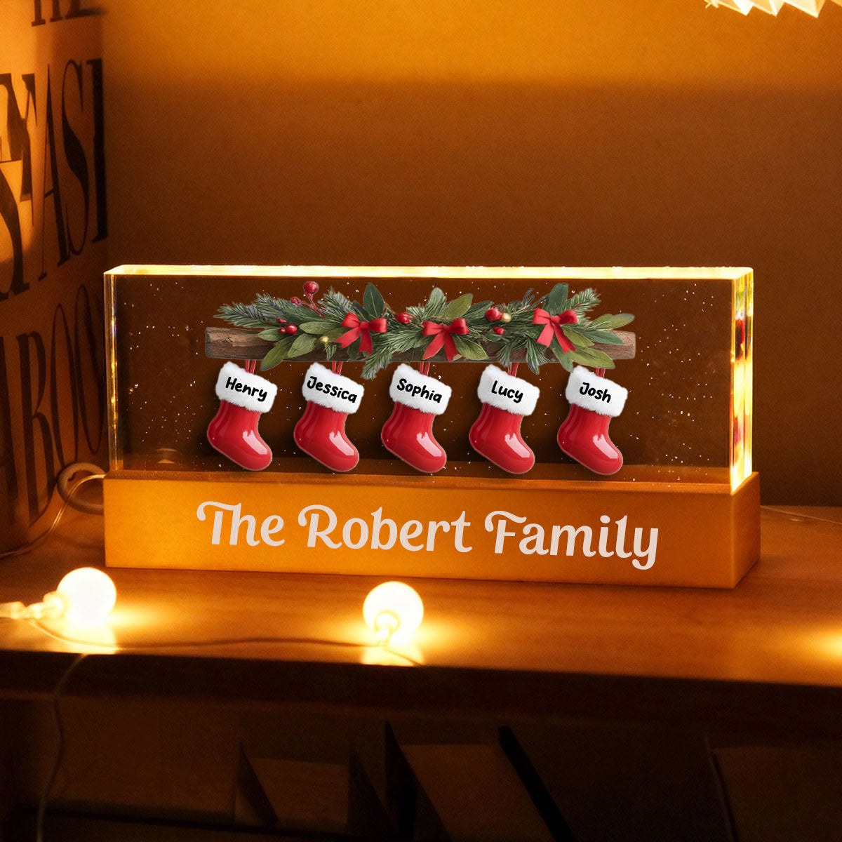 Family Christmas Stockings 3D Effect - Personalized Block LED Night Light - Christmas Decor For Family