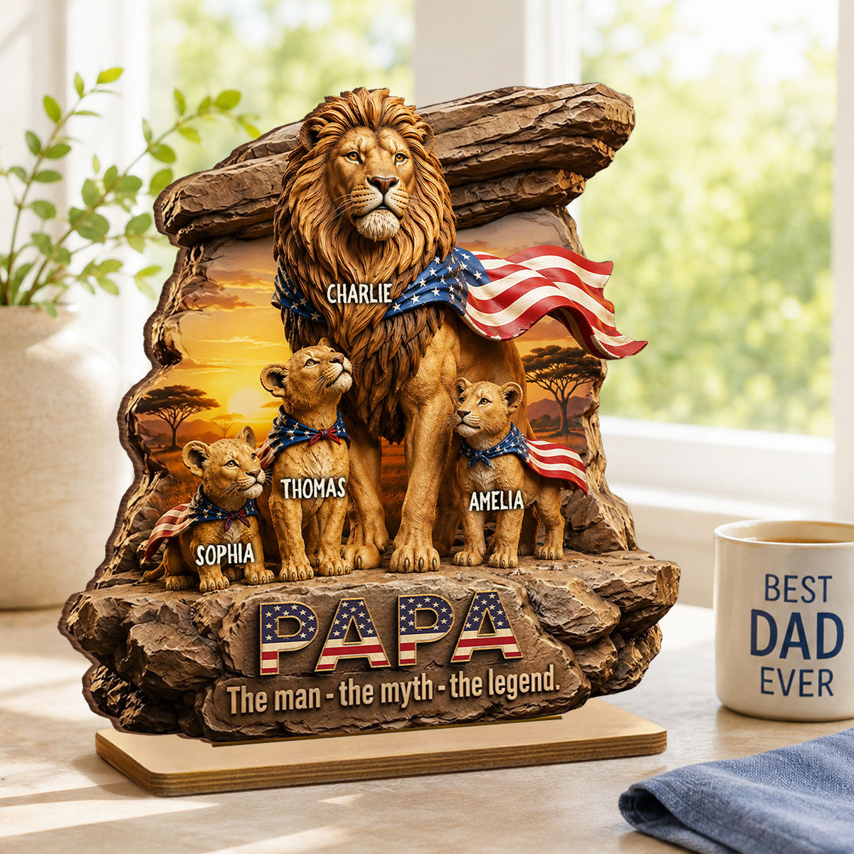 Lion Dad Papa the Legend - Personalized 2-Layered Wooden Plaque -  Gift for Dad, Husband