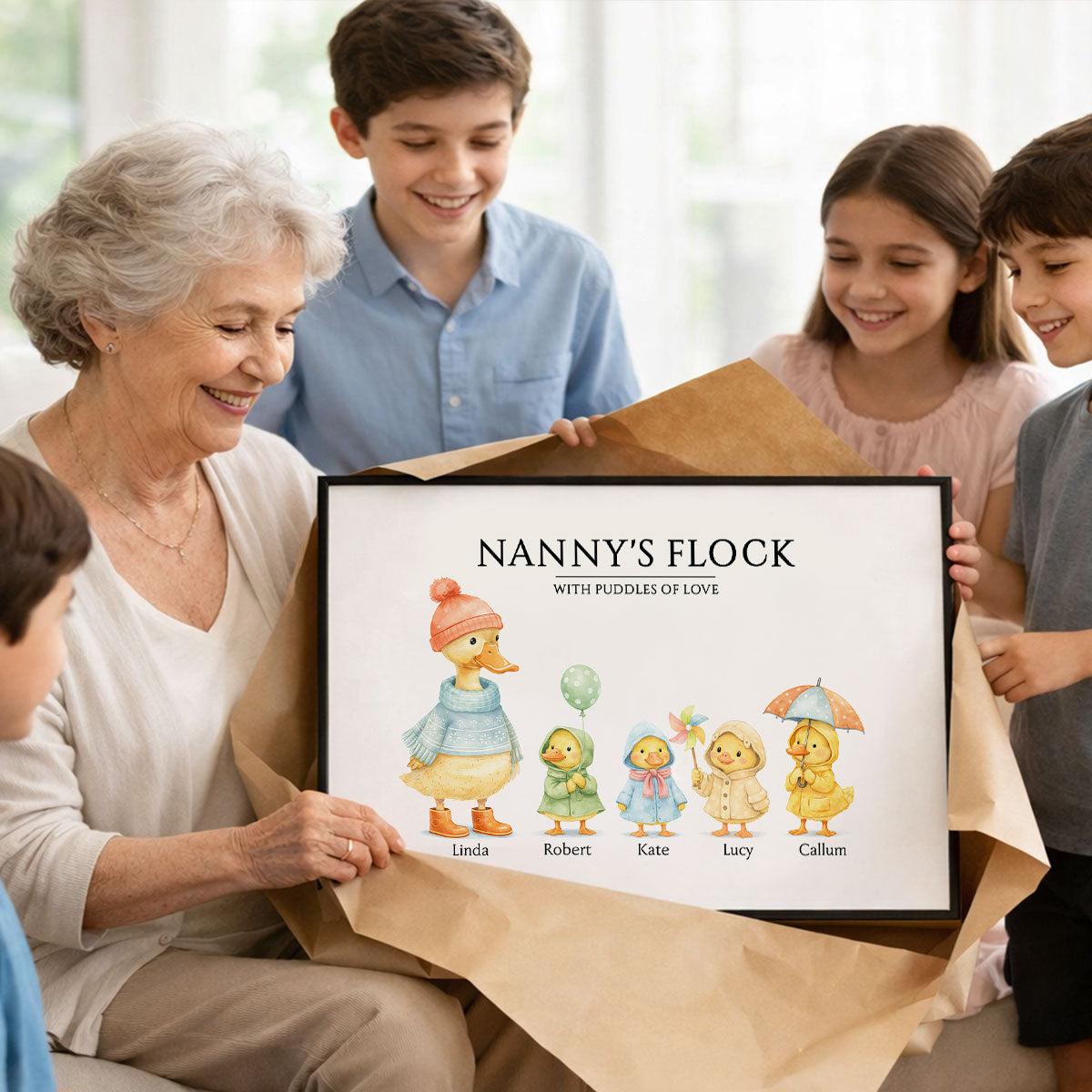 Grandparents Grandma Grandad's Flock with Puddles of Love - Personalised Poster - Gift for Grandma