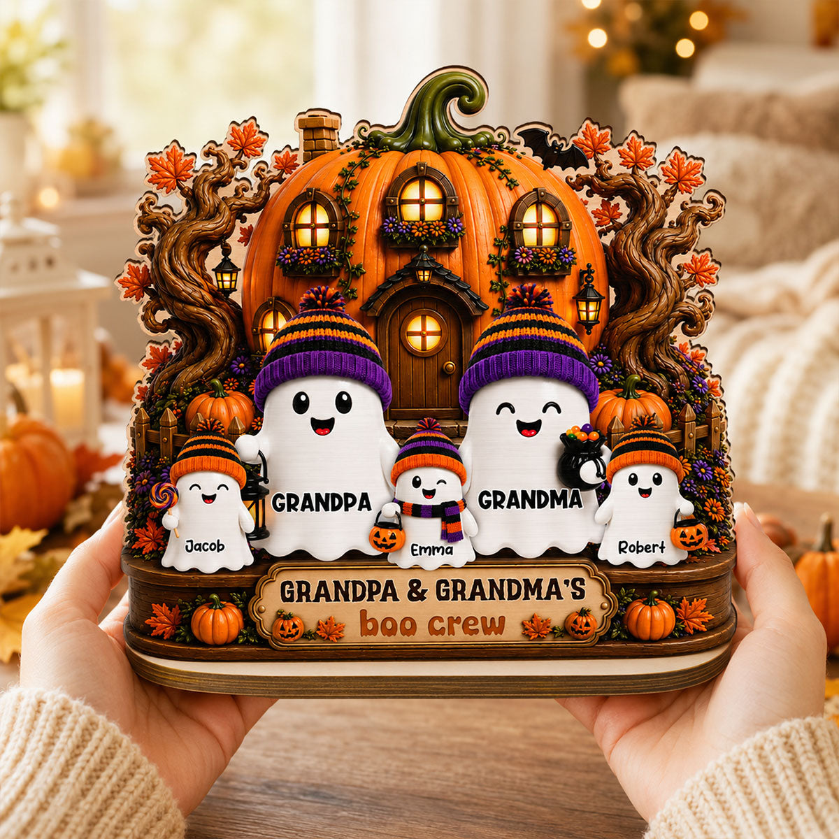 Whimsical Pumpkins House Halloween Grandma Grandpa's Boo Crew - Personalized 2-Layered Wooden Plaque - Halloween Decor For Grandparents