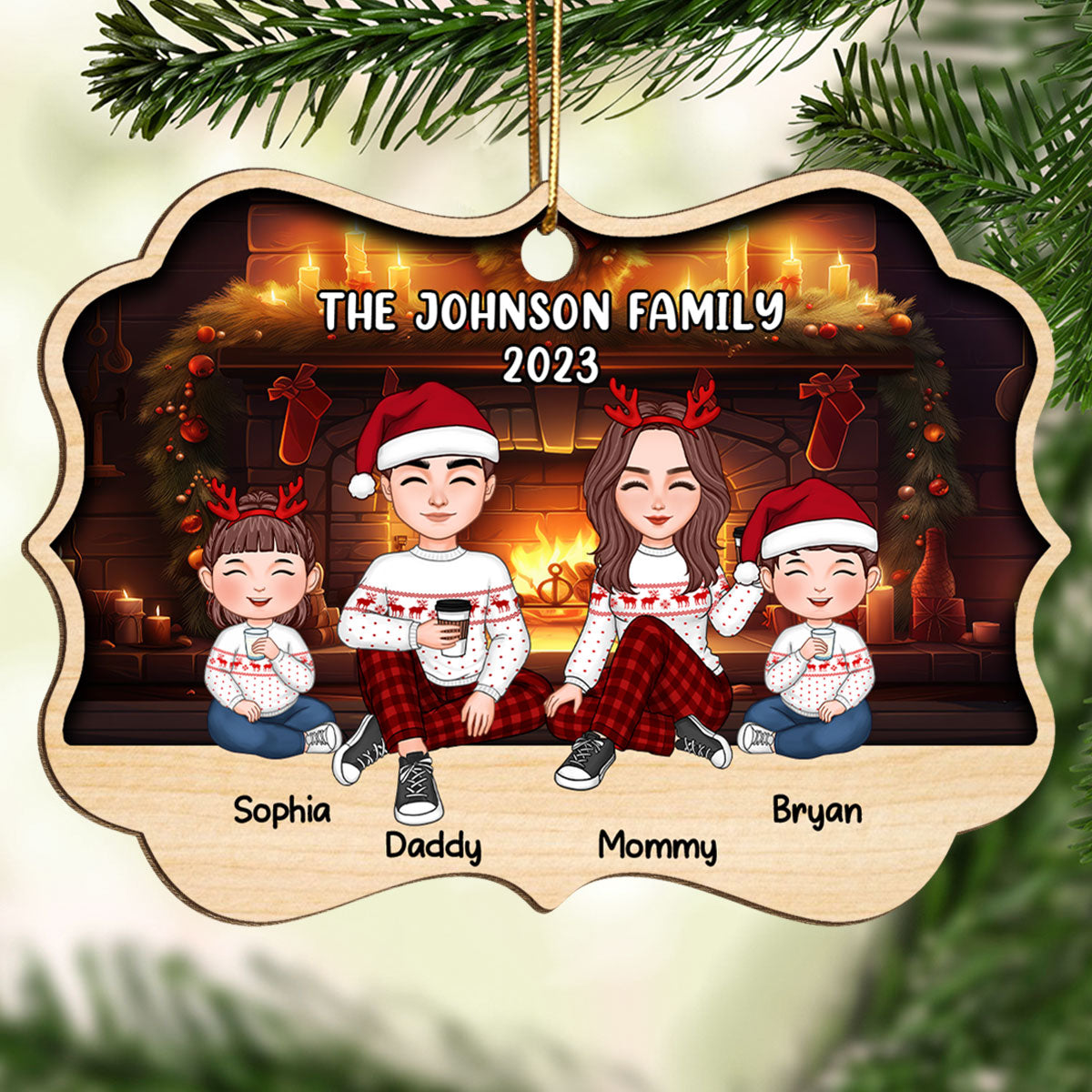 Family Sitting In Front Of Fireplace Personalized Wooden Ornament