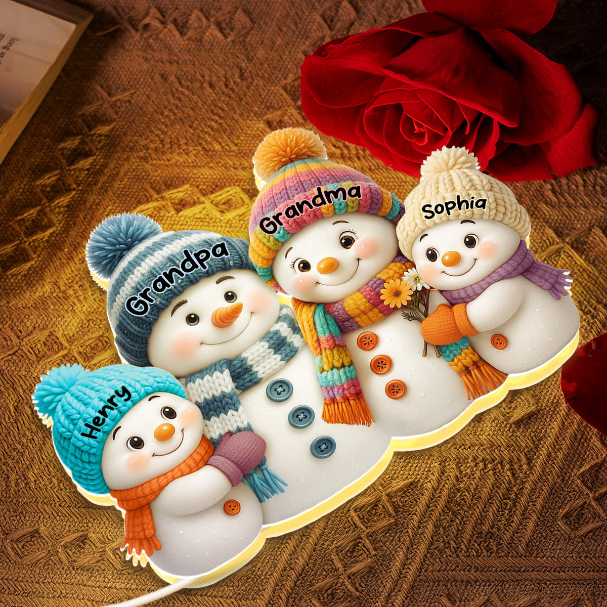 3D Effect Snowman Grandma, Grandpa, Grandparents and Grandkids Personalized Light Box - Christmas Gift for Family, Grandma, Grandpa