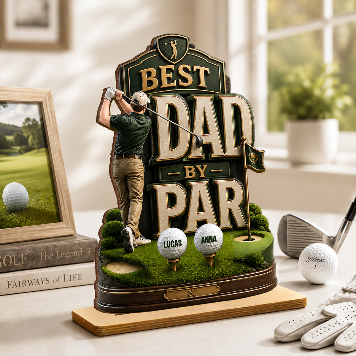 Golf Dad & Kids Best Dad By Par - Personalized 2-Layered Wooden Plaque -  Gift For Dad, Husband