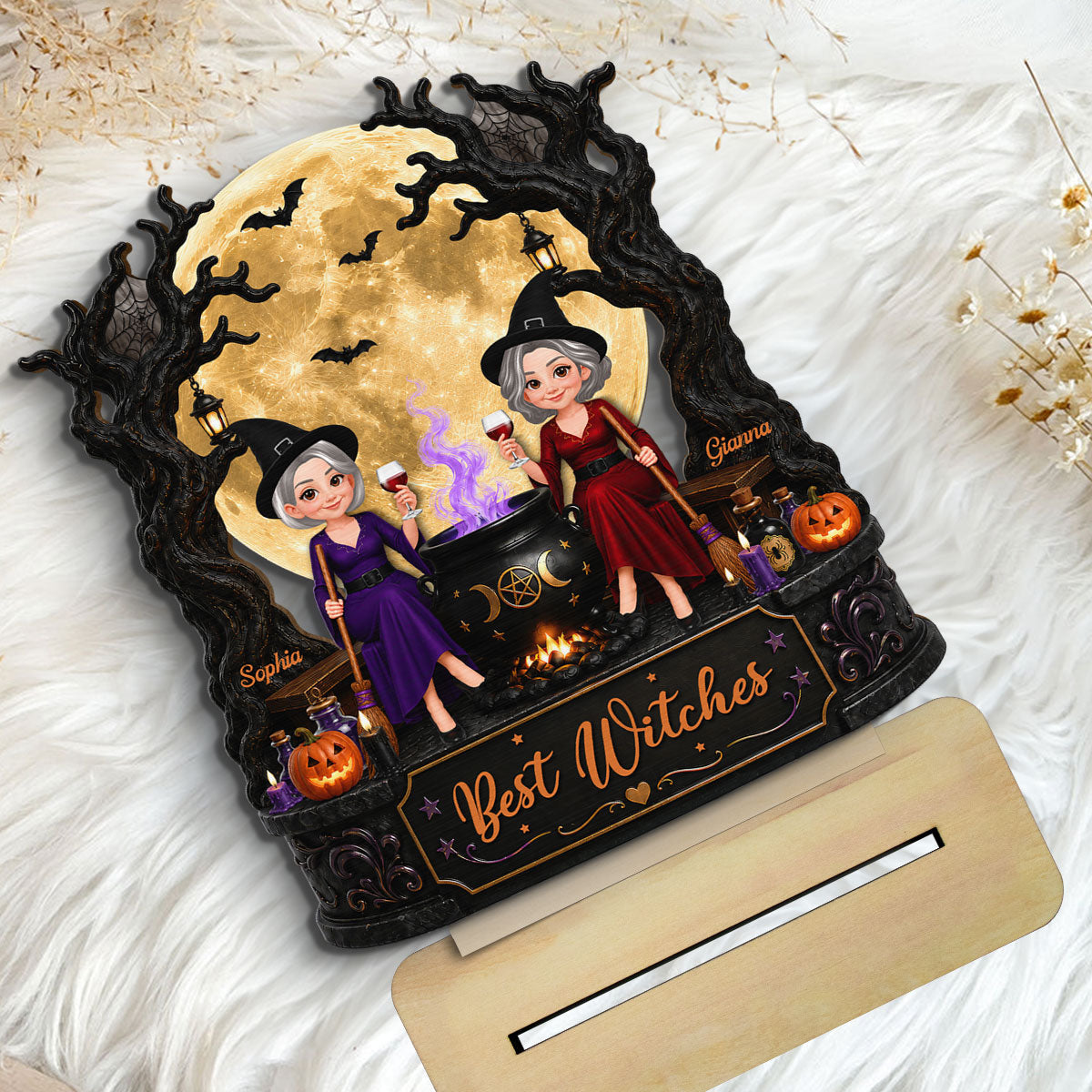 Best Witches In Moonlight 2D Flat - Personalized Wooden Plaque - Halloween Decoration