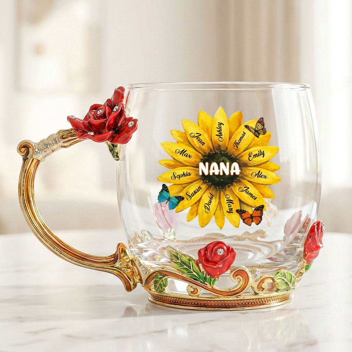 Grandma Sunflower Custom Kids Names - Personalized Enamel Flower Tea Cup - Gift For Grandma, Mom