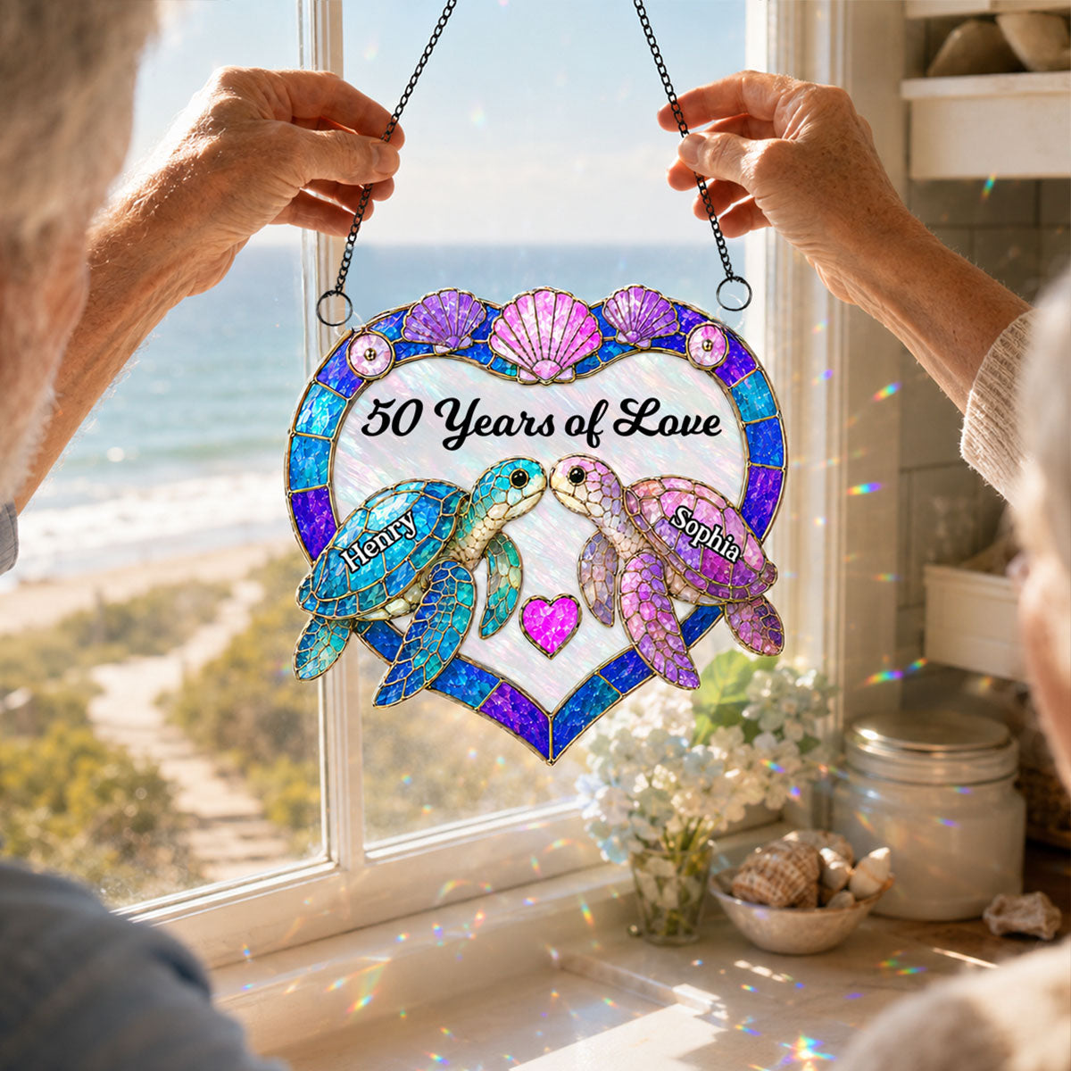 Couple Sea Turtle - Personalized Suncatcher Ornament - Anniversary Gift for Him, Her