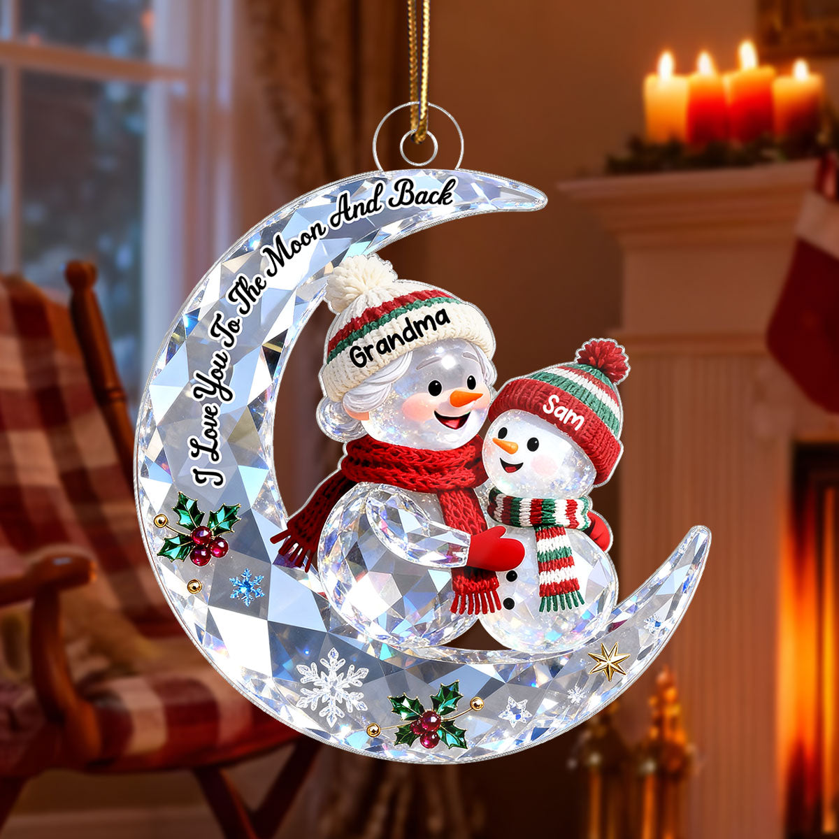 3D Shining Effect Grandma Grandkid Snowman On Moon - Personalized Acrylic Ornament - Heartwarming Gift For Granddaughter, Grandson