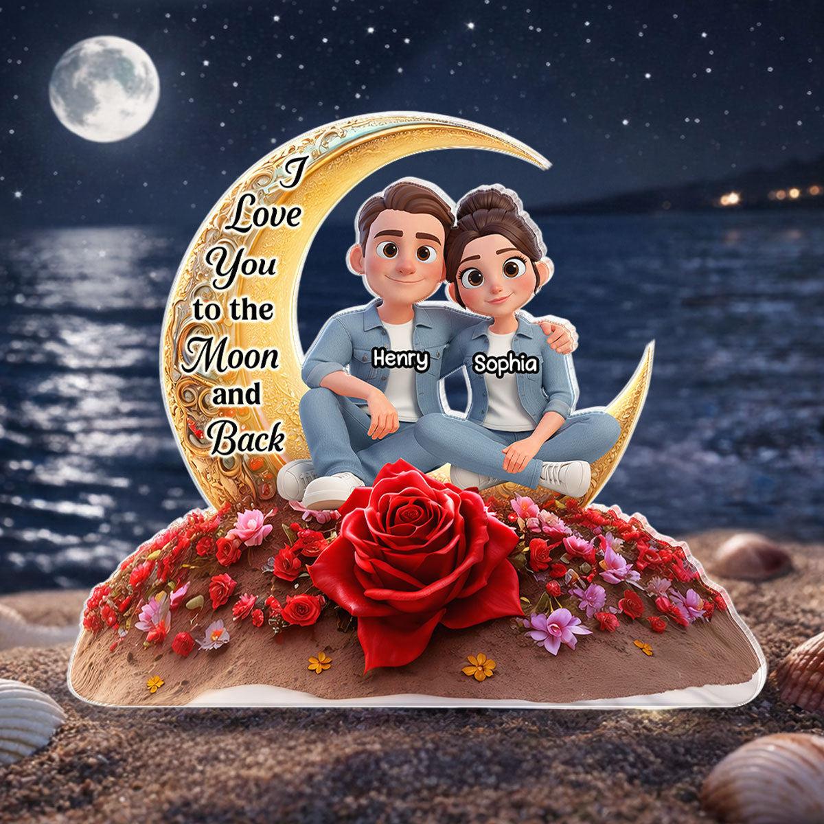 I Love You To The Moon And Back Moon Rose - Personalized Acrylic Block Plaque - Anniversary, Valentine's Day Gift, Gift For Him, Gift For Her
