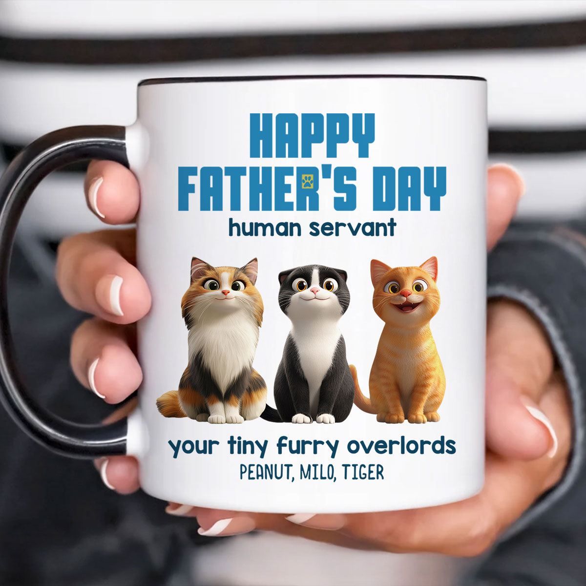 Happy Father's Day Human Servant Cute Fluffy Cats - Personalized Mug - Unique Gift for Cat Dads, Husband