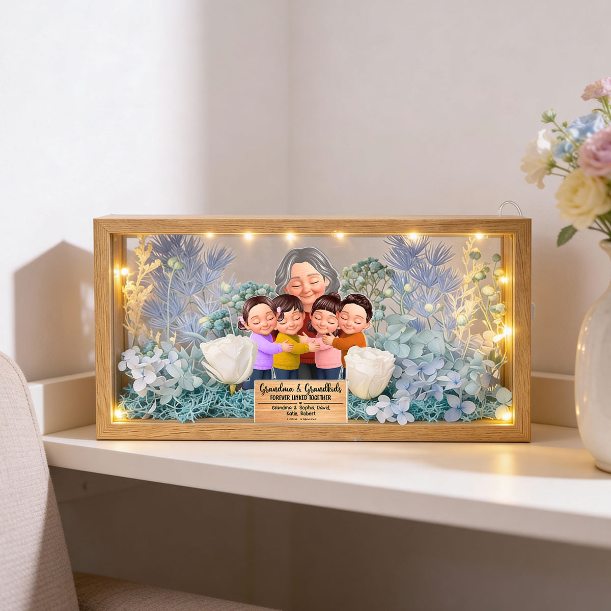 Grandma And Grandkids Forever Linked Together - Personalized DIY Flower Shadow Box LED Night Light - Gift For Grandma