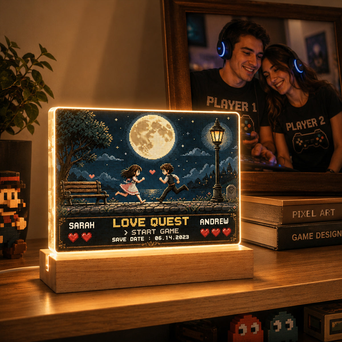 Retro Gamer Couple Love Quest - Personalized Acrylic Block LED Night Light - Anniversary Gift for Him, for Her