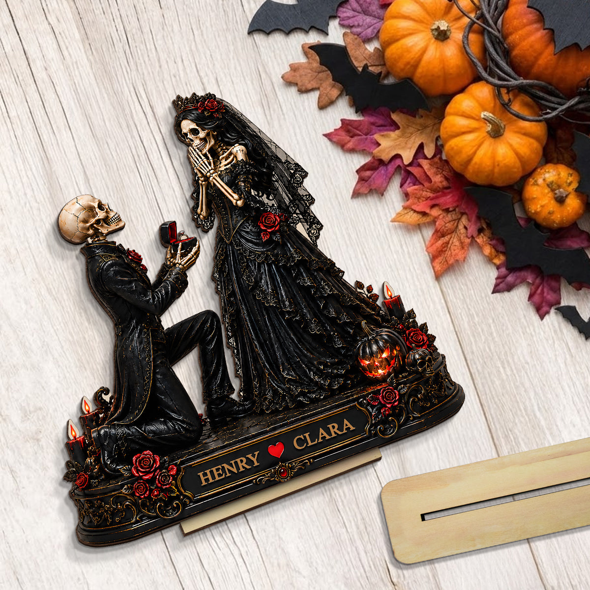 Skeleton Couple Marriage Proposal - Personalized 2-Layered Wooden Plaque - Halloween Decor Gift, Gift For Couple