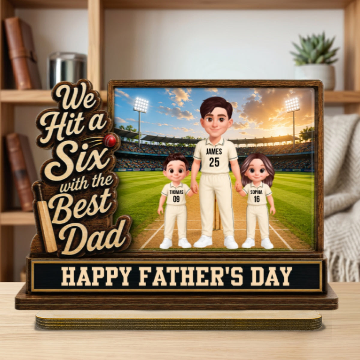 Hit A Six With The Best Dad Cricket Dad & Kids On Field 2D Flat - Personalised 2-Layered Wooden Plaque -  Gift For Husband, Dad