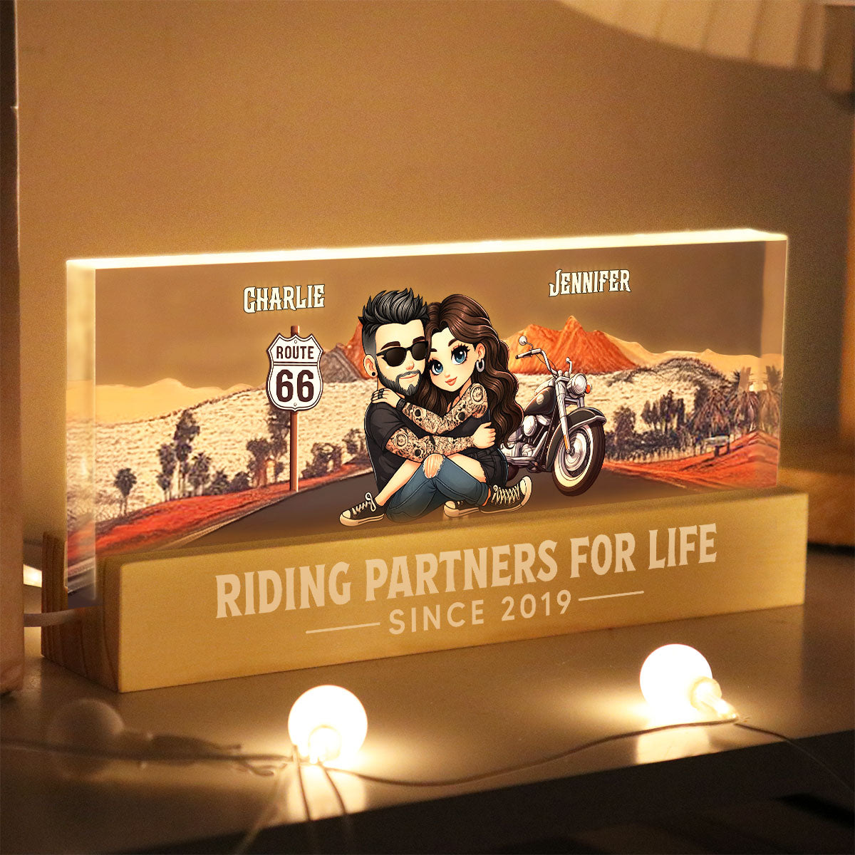 Eternal Love Biker Couple Riding Partners For Life - Personalized Acrylic Block LED Night Light - Gift For Couple, Bikers, Gift For Him, For Her