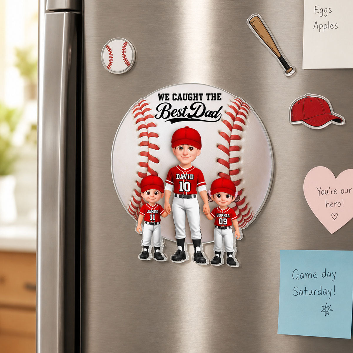 Baseball Dad And Kids We Caught The Best Dad - Personalized Acrylic Fridge Magnet - Father's Day Gift For Dad, Husband