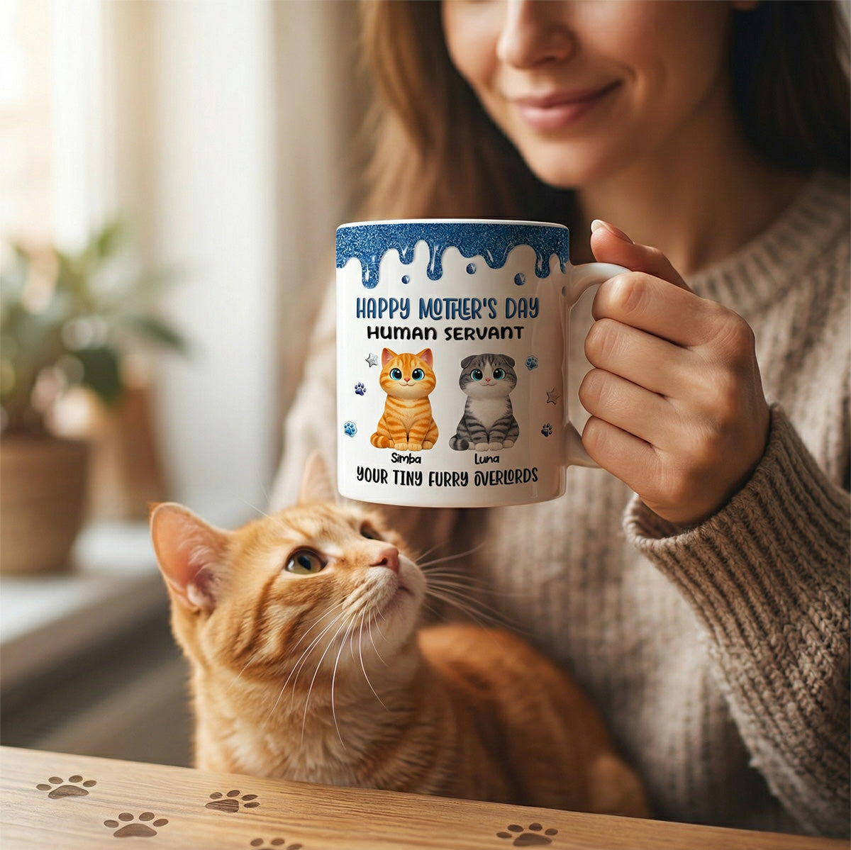 Adorable Cats Happy Mother's Day Human Servant 2D Printed - Personalized Mug - Funny Mother's Day Gift For Cat Mom, Cat Lovers