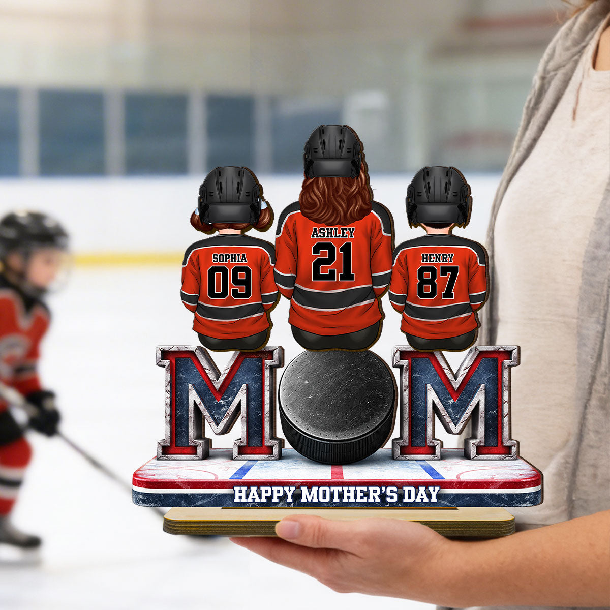 Hockey Mom And Kids Sitting Together - Personalized 2-Layered Wooden Plaque - Mother's Day Gift For Hockey Mom