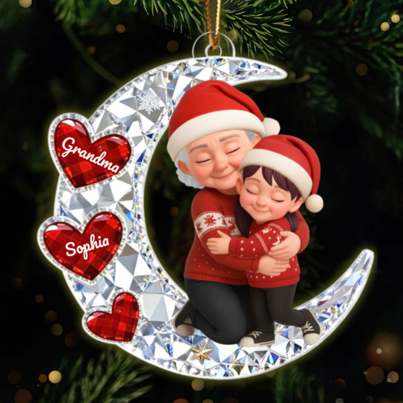3D Crystal Effect Grandma Grandkid Hugging Moon Heart - Personalized Acrylic Ornament - Christmas Gift for Grandma, Grandkids