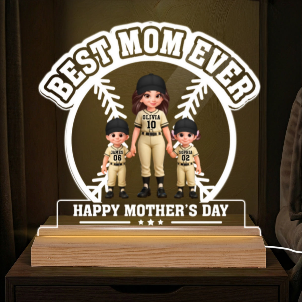 Best Mom Ever Baseball Mom & Kids - Personalized Acrylic Plaque LED Night Light